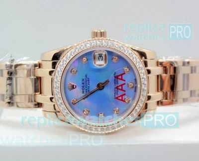 Replica Rolex Datejust Purple MOP Dial Diamond Bezel Rose Gold Case Watch